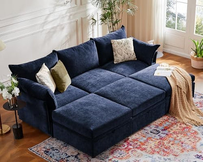 ABCASA 102.6" Modular Sleeper Sofa Bed, U Shaped Sectional Couch with Movable Stroage Ottoman, Large 6 Seat Couches for Living Room - Blue Chenille