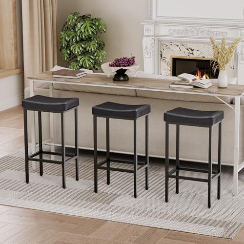 HOOBRO Bar Stools,Set of 3 Bar Chairs, Counter Height Bar Stools, Saddle Stools, Set of 3 Kitchen Stools, 24.8" Barstools, 2.4" Thick Upholstery, for Kitchen, Dining Room, Cafe, Black BB10BYP301