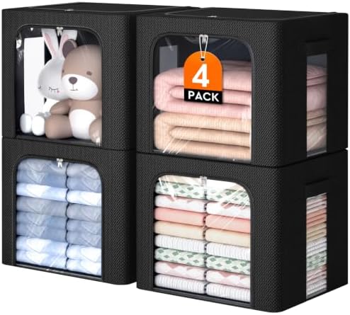 4 Pack Clothes Storage Bins with Metal Frame, Black, 40L