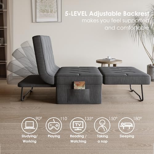 Ottoman Bed Sleeper, 28" Convertible Sleeper Chair Bed, Dark Grey