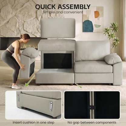 82.6'' Oversized Loveseat Sofa, Faux Leather Modular Sectional Couch, Deep Seat 2 Seater Sofas with Wide Armrest, Modern Comfy Cloud Settee Love Seat for Living Room, Greige
