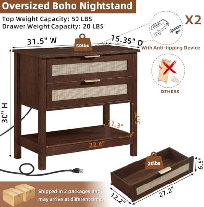 LEYAOYAO 31.5" Wide Rattan Night Stand Set 2 Charger Station