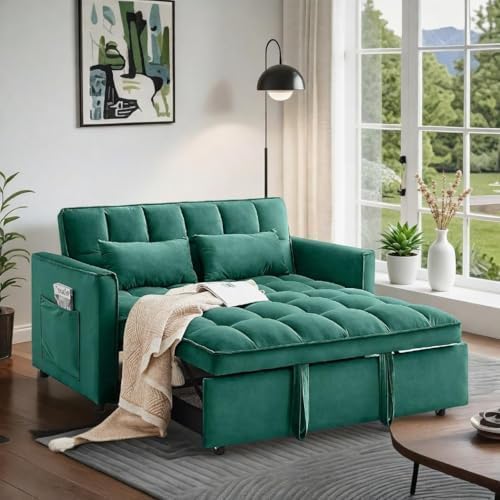 3 in 1 Convertible Sofa Bed, Velvet Fabric Loveseat Sleeper Sofa with Side Pockets, Pull Out Couch with Adjustable Backrest for Living Room, Small Spaces, Bedroom, Apartment, Green