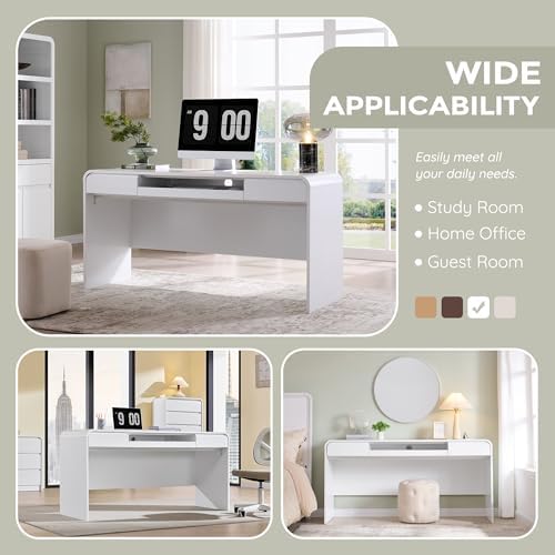 63" Modern Computer Desk with 2 Drawers, Wood Curved (White)