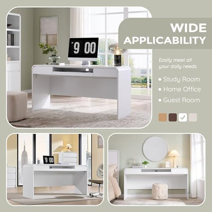 63" Modern Computer Desk with 2 Drawers, Wood Curved (White)