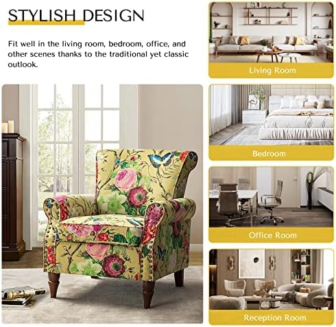HULALA HOME Traditional Floral Accent Chairs with Wood Legs, Mustard