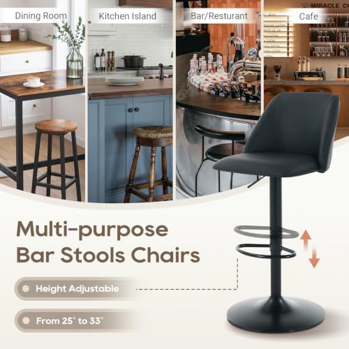 COLAMY Bar Stools Set of 1, Modern Swivel Bar Chairs, Adjustable PU Leather Upholstered Barstools Counter Height with Square Open Back for Bar, Kitchen Island, Dining Room, Black