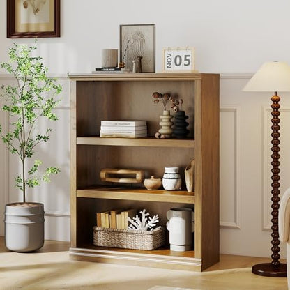 blini 3-Shelf Bookcase Wooden Bookshelves 33in Wide Floor Standing Display Storage Shelves Vintage Oak Bookcase for Home Office, Living Room, Bed Room