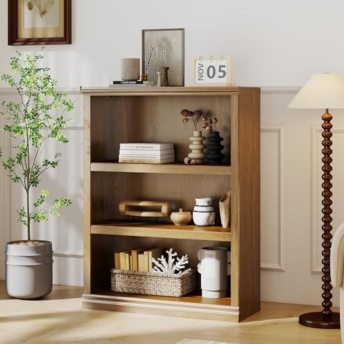 blini 3-Shelf Bookcase Wooden Bookshelves 33in Wide Floor Standing Display Storage Shelves Vintage Oak Bookcase for Home Office, Living Room, Bed Room
