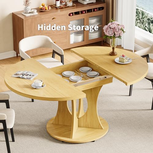 iPormis 43.3-59 Inch Extendable Round Dining Table for 6-8 People, Oval Dinner Table with Adjustable Top and A Stable Round Pedestal Base, Space Saving Wooden Kitchen and Dining Table, Oak