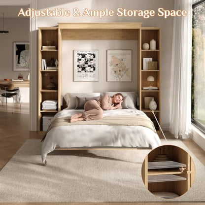 Rophefx Queen Murphy Bed Cabinet, 5-Tier Shelves, Wall Bed, Natural Wood