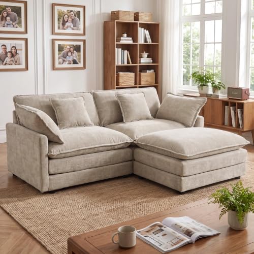 Tmsan 76.7" Cloud Loveseat Couch with Ottoman, Small L Shape Sectional Sofa