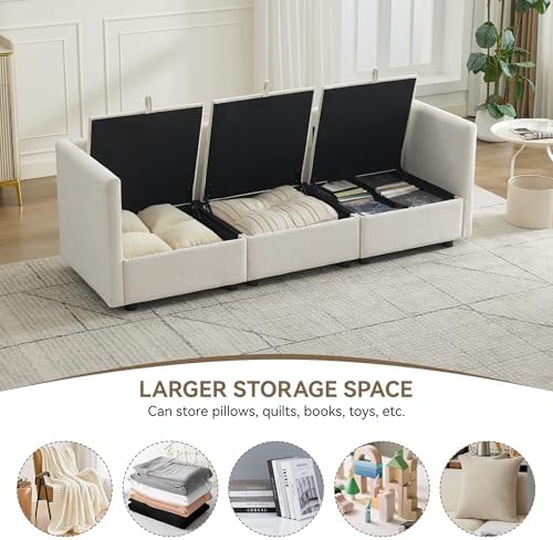 80" Cloud Modular 3 Seater Sofa with Storage, Modern Upholstered Storage Sofa Couch Deep Seat, Sectional Sofa Chenille Comfy Couch with Armrests for Living Room, Small Space, Beige