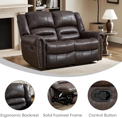 EBELLO Manual Recliner Sofa Set, Faux Leather Reclining Living Room Set, Included Single Recliner Chair and Loveseat Manual Sofa, Vintage Rivet Mid-Century Design for Living Room, Dark Brown