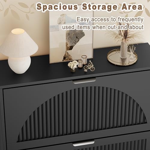 Fluted Black Shoe Cabinet with 2 Flip Drawers, Narrow Wood Shoe Storage Cabinet, Slim Shoe Rack for Entryway, Freestanding Shoe Cabinet for Living Room, Hallway