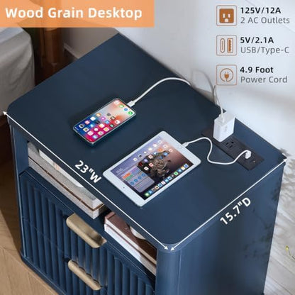 LEYAOYAO Fluted Nightstand Set of 2 with Charging Station,23" Farmhouse Nightstand with Woodgrain Top,Blue 3 Drawer End Table w/Storage, BedsideTables for Bedroom, Living Room, Curved Profile