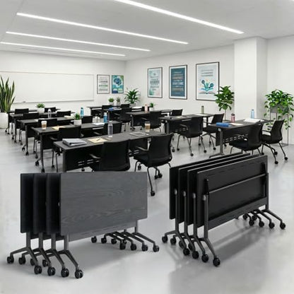 Folding Conference Table, Conference Room Tables with Wheels Foldable Large Rectangle Meeting Seminar Table for 6-12 People, Flip Top Mobile Training Table for Office Classr (4, Black 5, 70.8in)