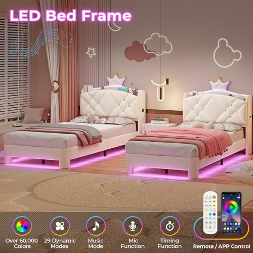 MSmask Twin Bed Frame with LED Lights, Princess Upholstered Bed with Headboard with Charging Station & Crystal Button & Crown, Velvet Platform Bed for Girls, Solid Wood Slats, Curved Legs, Cream White