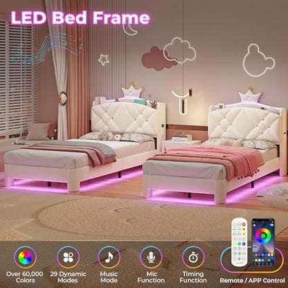 MSmask Twin Bed Frame with LED Lights, Princess Upholstered Bed with Headboard with Charging Station & Crystal Button & Crown, Velvet Platform Bed for Girls, Solid Wood Slats, Curved Legs, Cream White