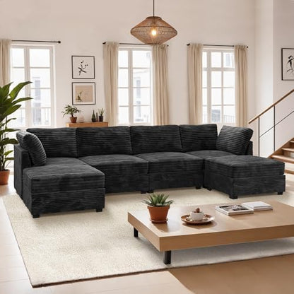 CAODOC 6 Seat Modular Sectional Couch,Corduroy,Convertible U/L-Shaped,Black