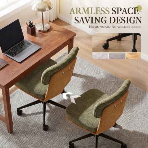 COMHOMA Home Office Desk Chairs with Ergonomic Curved Backrest, Mid Century Modern Vanity Chair with Wheel for Bedroom, Chenille Upholstered, Green