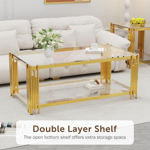 Gold Glass Coffee Table Set of 3, End Table Modern Living Room Table Set Rectangle Clear Tempered Glass Luxury Stainless Steel Leg, Center Side Table for Home (Gold, 43" Set of 3)
