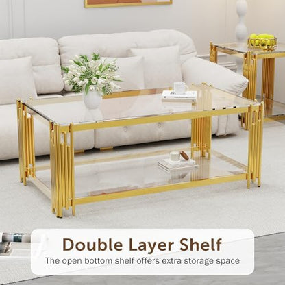 Gold Glass Coffee Table Set of 3, End Table Modern Living Room Table Set Rectangle Clear Tempered Glass Luxury Stainless Steel Leg, Center Side Table for Home (Gold, 43" Set of 3)