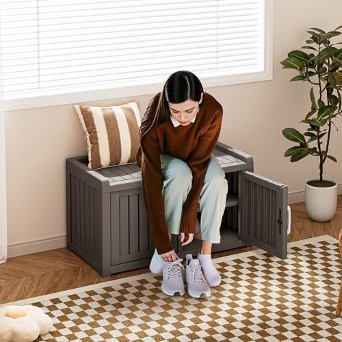 Shoe Storage Cabinet Waterproof UV-Resistant, Entryway Storage Bench Indoor Outdoor with 2 Barn Doors, Adjustable Shelves for Entryway, Bedroom, Hallway,Living Room(Classic Grey)
