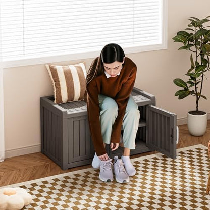 Shoe Storage Cabinet Waterproof UV-Resistant, Entryway Storage Bench Indoor Outdoor with 2 Barn Doors, Adjustable Shelves for Entryway, Bedroom, Hallway,Living Room(Classic Grey)