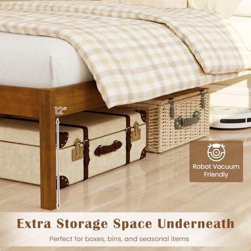 GIANTEX Wood Queen Size Bed Frame with Headboard, Mid-Century Modern Platform Bed w/Wooden Slat Support, Solid Mattress Foundation, Under-Bed Storage Space, No Box Spring Needed, Walnut