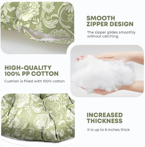 Outdoor Round Egg Chair Cushion Replacement, Waterproof 45" L x 45" W Thicken Hanging Swing Egg Chair Cushions with Headrest Pillow, Soft Wicker Basket Eggs Chairs Pad for Garden (Green Rose)