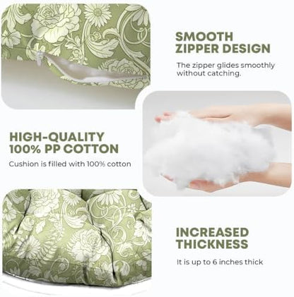 Outdoor Round Egg Chair Cushion Replacement, Waterproof 45" L x 45" W Thicken Hanging Swing Egg Chair Cushions with Headrest Pillow, Soft Wicker Basket Eggs Chairs Pad for Garden (Green Rose)