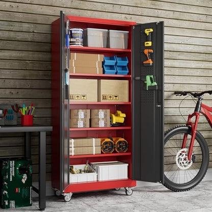 Reemoon 71"H Metal Garage Storage Cabinet,Tool Cabinet with Wheels,Pegboard