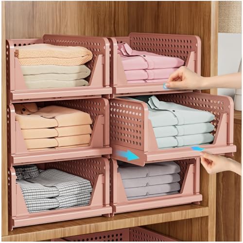 SNSLXH 5 Pack Stackable Closet Organizer Box, Multifunctional & Foldable Closet Storage Basket for Bathroom Kitchen Laundry Room Wardrobe Storage, Space-Saving Clothes Storage Drawer Organizer, Pink
