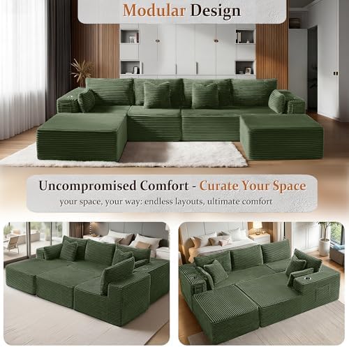 138" Cloud Sectional Couch, Comfort U Shaped Boneless Couch for Living Room, Extra Deep Seats No Assembly, Minimalist Modular Sofa, Corduroy (Olive Green, 3 Seater+Left Facing Chaise+Ottoman)