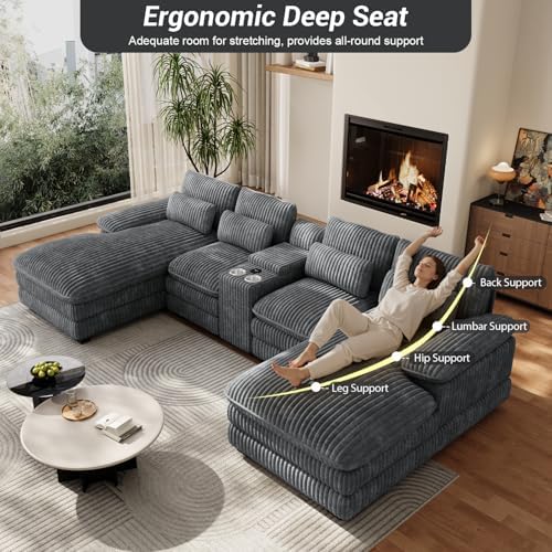 132" U Shaped Corduroy Cloud Couch with Console, USB&Cup Holder, Dark Grey