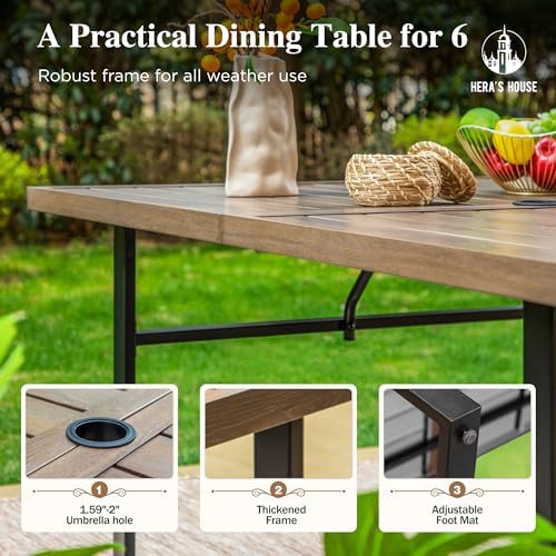 HERA'S HOUSE 7pc Outdoor Patio Dining Set, Wood-Look Metal Table, Blue