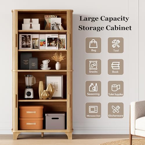 Decofy 69" Tall Kitchen Pantry Storage Cabinet with Sliding Door, Modern Curved Edge Pantry Storage Cabinet with 5 Shelves, Cupboard for the Kitchen, Dining Room, Bedroom, Living Room, Office (Oak)