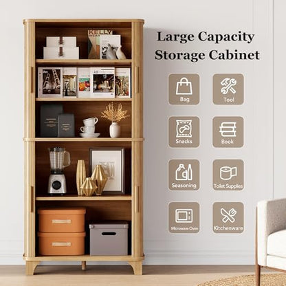 Decofy 69" Tall Kitchen Pantry Storage Cabinet with Sliding Door, Modern Curved Edge Pantry Storage Cabinet with 5 Shelves, Cupboard for the Kitchen, Dining Room, Bedroom, Living Room, Office (Oak)