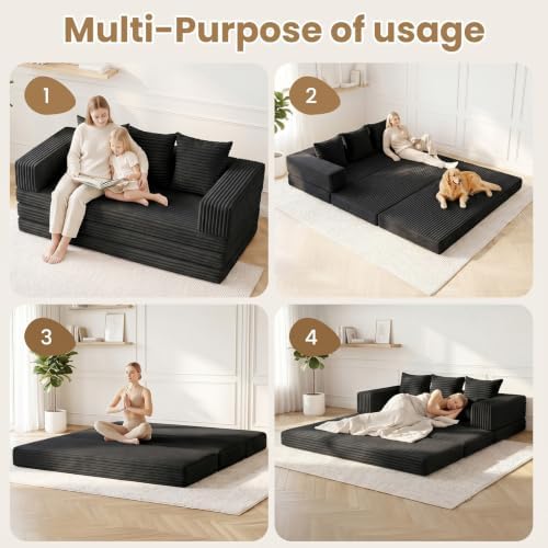 Convertible Sofa Bed,3 Seater Couch Futon Sleeper Sofa with Removable Armrests Backrest,Corduroy Folding Floor Boneless Couch for Living Room,Small Space,Black