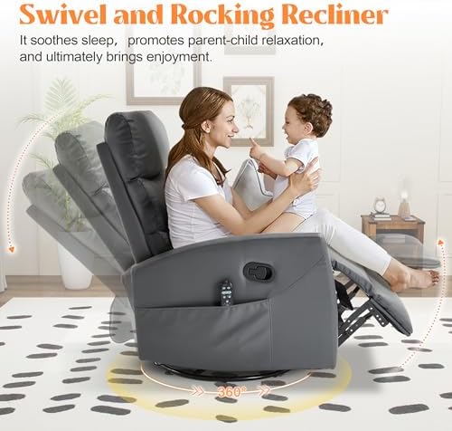 Luxlen Manual Swivel Rocker Recliner Chair with Massage, Overstuffed Recliner Glider with Vibration Massage and Heat for Nursery, Living Room Reclining Sofa Chair, PU Leather Gray