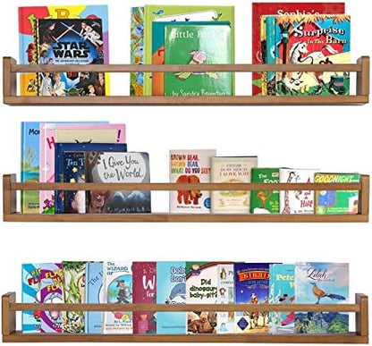 AZSKY Light Walnut Nursery Book Shelves 36 Inch Floating Wall Mounted Bookshelf Kids Room Hanging Shelves Books Storage Organizer a Set of 3