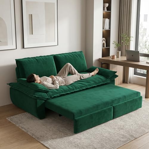 73.2" Sofa Bed Queen, 3-in-1 Pull Out Sofa Bed with Pillow Armrest, Modern Velvet Convertible Sleeper Futon Sofa for Living Room Small Space, Apartment, Bedroom, Green