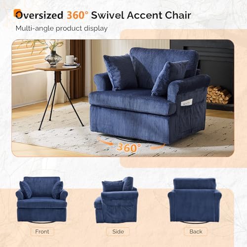 VINGL 39.2" Wide 360° Swivel Accent Armchairs with Pillows Set of 2, Oversized Single Sofas, Chair and a Half with Side Pockets and Wide armrest for Living Room, Bedroom, Reading Room, Corduroy Blue