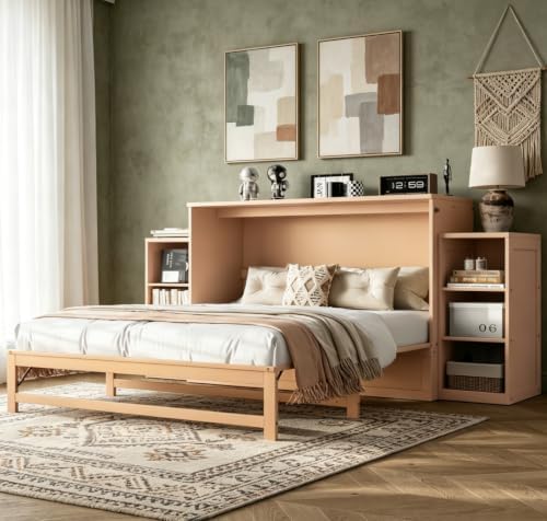 Bellemave Queen Murphy Bed, Cabinet Bed with 2 Shelves and Storage Drawers, Farmhouse Murphy Cabinet, Golden