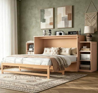Bellemave Queen Murphy Bed, Cabinet Bed with 2 Shelves and Storage Drawers, Farmhouse Murphy Cabinet, Golden