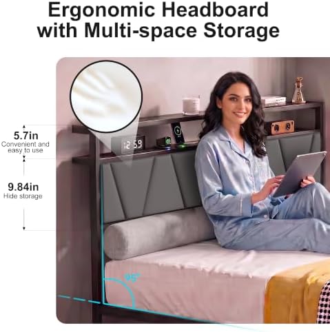 Queen Bed Frame with Storage Drawers & LED Lights, Metal Platform Bed with Charging Station and Upholstered Headboard, 2-Tier Storage Shelf, Noise Free, No Box Spring Needed