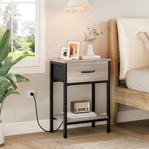 Nightstand with Charging Station, End Table with Fabric Drawer, Small Side Table with 2-Tier Storage Shelves, 25.4" Tall Night Stand, Bedside Table for Bedroom, Living Room, Dorm, Greige