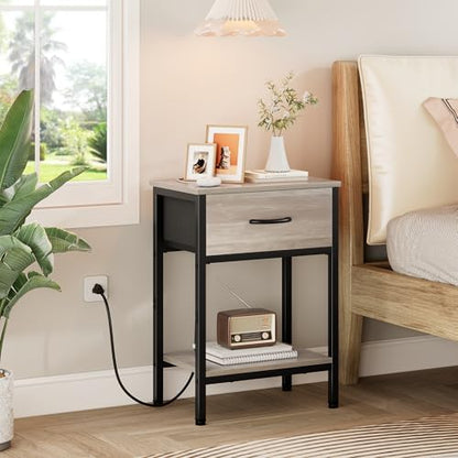 Nightstand with Charging Station, End Table with Fabric Drawer, Small Side Table with 2-Tier Storage Shelves, 25.4" Tall Night Stand, Bedside Table for Bedroom, Living Room, Dorm, Greige