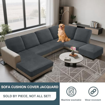 UNBBRRL Seat Cushion Cover and Back Covers for Corner Sofa Stretch Jacquard, Non Slip L Shaped Sofa Slipcover with Storage Ottoman, Sectional Couch Cover for Chaise Lounge (Mid Grey,24 x 56 x 6”)